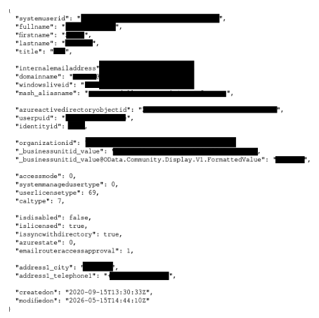 Records in the Threat Actor's published sample data of the victims Dataverse `systemusers` table.